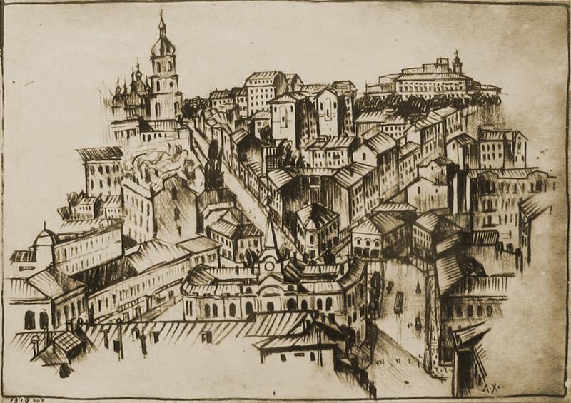 Вигляд будинку з боку майдану Незалежності на гравюрі Л. Хіжинського